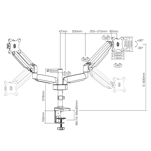 Ramię Na Monitor Podwójne, Sprężyna Gazowa, Srebrny