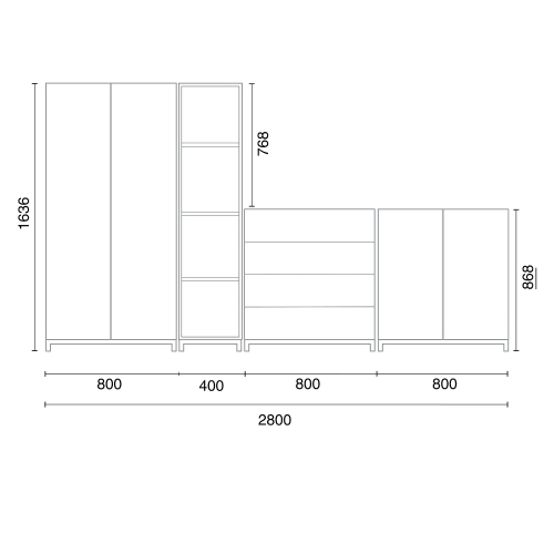 Rozwiązanie Do Przechowywania Qbus Szafa + 4 Otwarte Przegrody + 4 Szuflady + Szafka, Nóżki, Uchwyty, 1636x2800x420 Mm, Srebrny, Brzoza